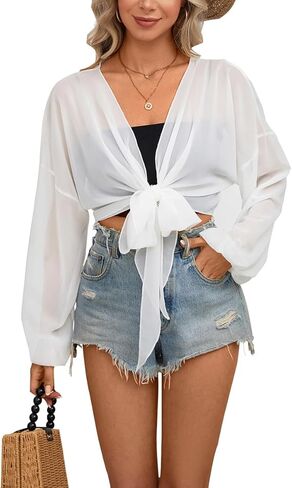 سترة Olrain النسائية ذات ربطة عنق أمامية للشاطئ من الشيفون كيمونو مقصوصة وشفافة وأكمام طويلة in Saudi Arabia