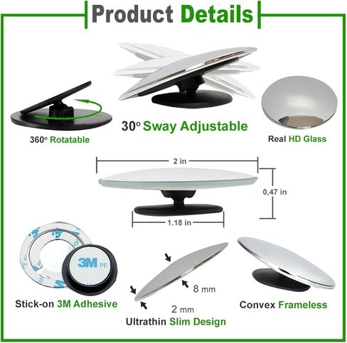 Lebogner 2 حزمة من مرايا البقع العمياء ملحقات السيارة، مرآة رؤية خلفية محدبة رفيعة من الزجاج عالي الدقة مقاس 2 بوصة، زاوية واسعة 360 درجة تدور 30 ​​درجة عصا قابلة للتعديل على المرآة لجميع السيارات وسيارات الدفع الرباعي والشاحنات in Kuwait