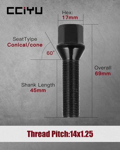 cciyu 20pcs 14x1.25 Extended Lug Bolts for I3 I8 M2 M4 F80 X2 X4 X6, 2,4 Series丨45mm Shank Conical Seat Aftermarket ET Lug Studs for Mini Clubman Paceman Roadster in Saudi Arabia
