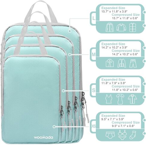 مكعبات التعبئة المضغوطة من WOOMADA لحقائب السفر وأساسيات السفر 4 مجموعات منظم حقائب السفر القابلة للتوسيع للأمتعة (فيروزي) in Kuwait