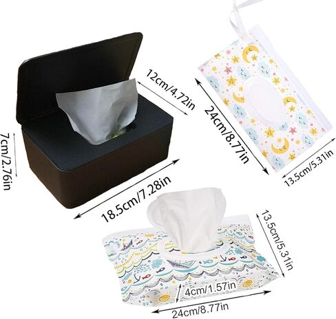 Wipes Dispenser Set,1 Wipe Box & 2 Portable Pouches,White Blue | Refillable Reusable Large Wet Wipe Holder, Flushable Wipes Case Bathroom Wipes Container for Pet Nursery Kitchen Office in Kuwait
