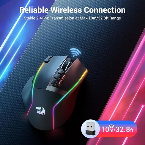 ماوس الألعاب اللاسلكي Redragon، ماوس مريح 16000 نقطة في البوصة مع مفتاح إطلاق سريع، 9 أزرار ماكرو، سعة طاقة متينة تصل إلى 170 ساعة وماوس سلكي/لاسلكي بإضاءة خلفية RGB لأجهزة الكمبيوتر المحمول/Mac/PC in Saudi Arabia