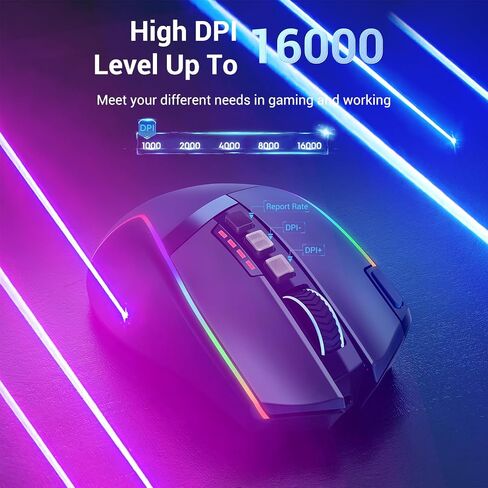 ماوس الألعاب اللاسلكي Redragon، ماوس مريح 16000 نقطة في البوصة مع مفتاح إطلاق سريع، 9 أزرار ماكرو، سعة طاقة متينة تصل إلى 170 ساعة وماوس سلكي/لاسلكي بإضاءة خلفية RGB لأجهزة الكمبيوتر المحمول/Mac/PC in Saudi Arabia
