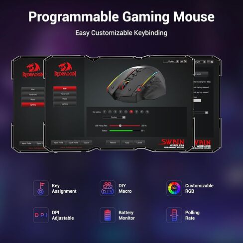 ماوس الألعاب اللاسلكي Redragon، ماوس مريح 16000 نقطة في البوصة مع مفتاح إطلاق سريع، 9 أزرار ماكرو، سعة طاقة متينة تصل إلى 170 ساعة وماوس سلكي/لاسلكي بإضاءة خلفية RGB لأجهزة الكمبيوتر المحمول/Mac/PC in Saudi Arabia