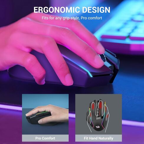 ماوس الألعاب اللاسلكي Redragon، ماوس مريح 16000 نقطة في البوصة مع مفتاح إطلاق سريع، 9 أزرار ماكرو، سعة طاقة متينة تصل إلى 170 ساعة وماوس سلكي/لاسلكي بإضاءة خلفية RGB لأجهزة الكمبيوتر المحمول/Mac/PC in Saudi Arabia