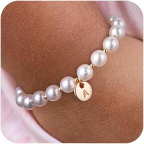 Miss Pink Initial Flower Girl Bracelet Proposal Gifts for Girls, Dainty Gold Pearl Bracelets with Letter A-Z Personalized Name Jewelry Birthday Christmas Wedding Party Gift for Her