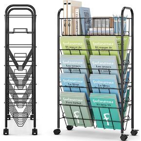 رف كتب متنقل من TOOLF مكون من 5 طبقات، عربة كتب معدنية دوارة بعجلات، منظمة تخزين كتب متحركة للفصل الدراسي والمنزل المدرسي، عربة ملفات دوارة للدراسة المكتبية، أسود