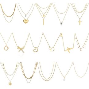 16Pcs Gold Necklaces Set for Women 14k Gold Plated Dainty Trendy Pendant Chain Choker Pack Multilayer Necklace Set for Women Adjustable Jewelry Gift, golden