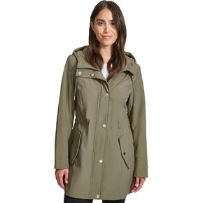 Tommy Hilfiger Women's Hooded Transitional Adjustable Waist Softshell Rain Coat