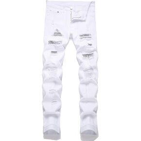 Men's Ripped Patch Elastic Jeans Fashion Slim Fit Regular Denim Pants