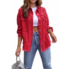Jean Jacket for Women fashion Denim Ripped Distressed Jacker for Womens Coat Long Sleeve
