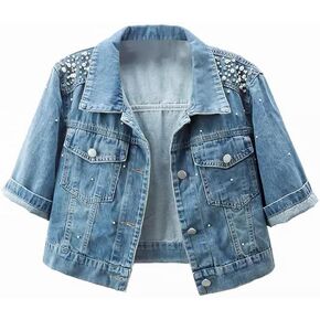 LifeShe Women's Pearls Denim Jacket 3/4 Sleeve Cropped Rhinestones Jean Jackets Trucker Coat