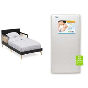 Delta Children Logan Wood Toddler Bed, Twinkle Stars Dual Sided Crib and Toddler Mattress, Midnight Grey/Natural and Waterproof