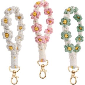 3 Pcs Keychain Handmade Daisy Car Accessories With Key Ring Macrame Lanyards Boho Wrist Lanyard