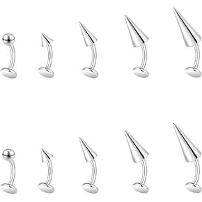ZS 16G Devil Curved Barbell Lip Ring, Stainless Steel 6/8/10/12mm Long Bar Belly Button Ring, Flat Back Tiger Teeth Vertical Labret Lip Rook Navel Piercing Jewelry