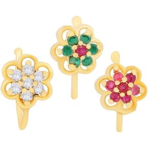 VAMA Pressing Nose Pin Stud Non Piercing Clip On Gold Nose Ring Without Piercing For Women & Girls (3 Pcs Combo Nose Pins)