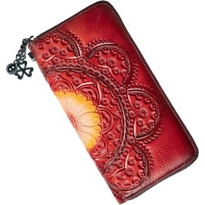 Wallet Genuine Leather for Women - with RFID Blocking Card checkbook ID Slot Large Capacity Vintage style (flower brown)