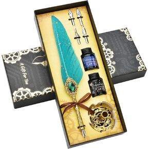 Hethrone Feather Pen and Ink Set - Quill Pen Set Includes Calligraphy Dip Pen, 2 Bottles Ink, Pen Holder and 4 Replacement Nibs for Writing Lovers (Green)
