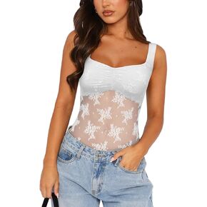 REORIA Women's Summer Sexy Square Neck Sleeveless Embroidered Lace Mesh See Through Going Out Tank Top Bodysuits