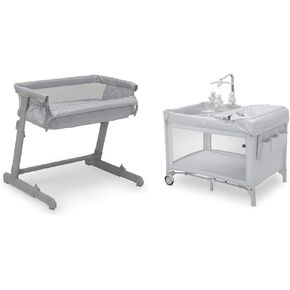 Delta Children Gap babyGap Whisper Bedside Bassinet Sleeper with Breathable Mesh and Adjustable & Gap babyGap Deluxe Play Yard, Grey Stripes