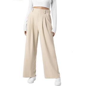 PrettyGuide Women's Wide Leg Dress Pants Elastic High Waisted Work Casual Trousers Waffle Plicated Palazzo Side Pockets