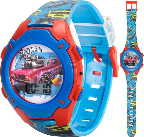 Hot Wheels Kids Watch – Rotating Dial Lights, LCD Display, Adjustable Comfortable Strap, Collectible Tin – Perfect for Boys and Girls in Saudi Arabia