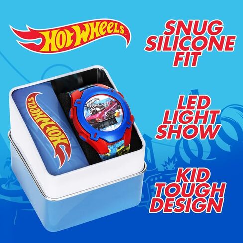 Hot Wheels Kids Watch – Rotating Dial Lights, LCD Display, Adjustable Comfortable Strap, Collectible Tin – Perfect for Boys and Girls in Saudi Arabia