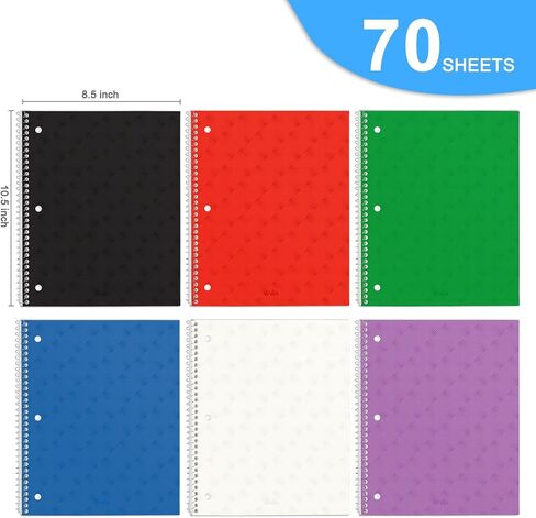 ViVin Spiral Notebooks 6 Pack, 1 Subject, 8.5" x 10.5", College Ruled, 100 Sheets, Plastic Cover, Movable Pocket Divider, Assorted 6 Colors in Saudi Arabia