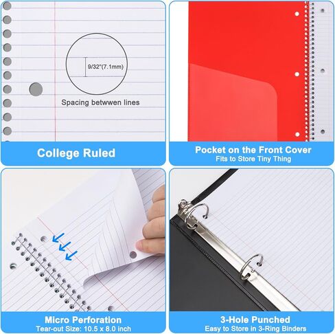 ViVin Spiral Notebooks 6 Pack, 1 Subject, 8.5" x 10.5", College Ruled, 100 Sheets, Plastic Cover, Movable Pocket Divider, Assorted 6 Colors in Saudi Arabia