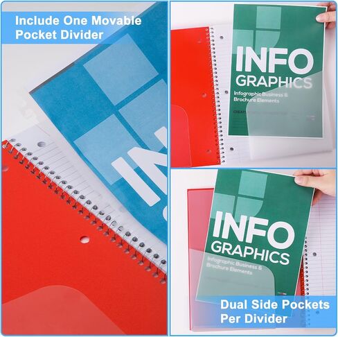 ViVin Spiral Notebooks 6 Pack, 1 Subject, 8.5" x 10.5", College Ruled, 100 Sheets, Plastic Cover, Movable Pocket Divider, Assorted 6 Colors in Saudi Arabia