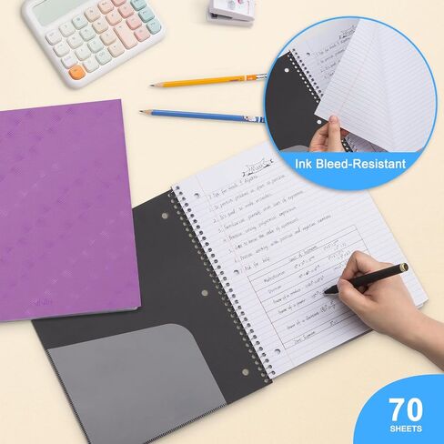 ViVin Spiral Notebooks 6 Pack, 1 Subject, 8.5" x 10.5", College Ruled, 100 Sheets, Plastic Cover, Movable Pocket Divider, Assorted 6 Colors in Saudi Arabia