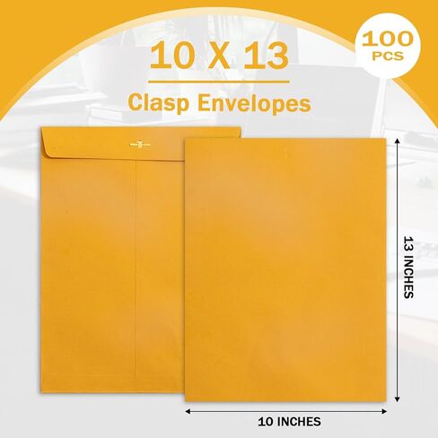 مظاريف بمشبك مقاس 10x13، 100 عبوة من مظاريف Goefun Manilla مقاس 10x13-100GSM من ورق كرافت ثقيل، مظاريف كبيرة باللون البني والأصفر مع مشبك وختم صمغي للبريد in Kuwait