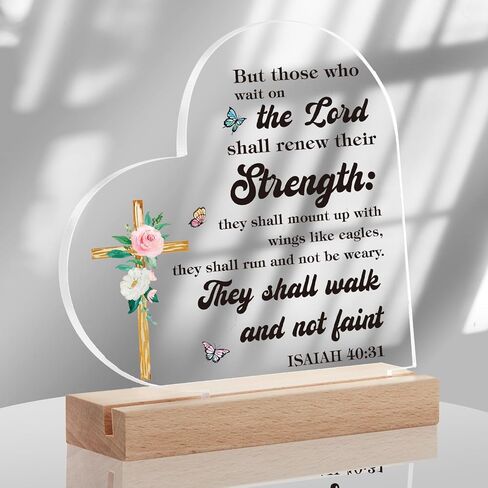 Christian Gift Christian Bible Verses Decor Positive Quotes Inspirational Gift Scripture Heart Shaped Acrylic Plaque With Wooden Base Renew Their Strength, Religious Gift for Girl Mom Sister Friends in Saudi Arabia