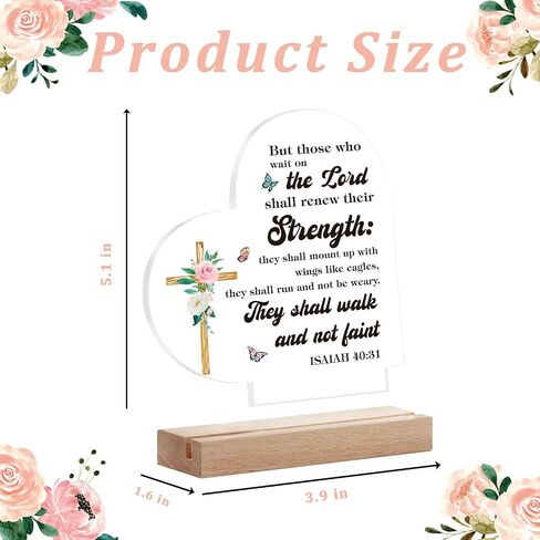 Christian Gift Christian Bible Verses Decor Positive Quotes Inspirational Gift Scripture Heart Shaped Acrylic Plaque With Wooden Base Renew Their Strength, Religious Gift for Girl Mom Sister Friends in Saudi Arabia