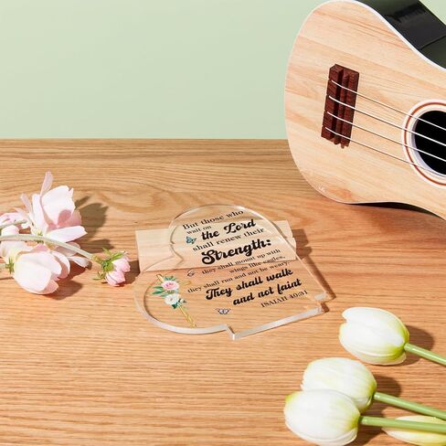 Christian Gift Christian Bible Verses Decor Positive Quotes Inspirational Gift Scripture Heart Shaped Acrylic Plaque With Wooden Base Renew Their Strength, Religious Gift for Girl Mom Sister Friends in Saudi Arabia