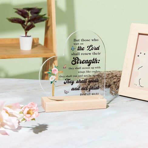 Christian Gift Christian Bible Verses Decor Positive Quotes Inspirational Gift Scripture Heart Shaped Acrylic Plaque With Wooden Base Renew Their Strength, Religious Gift for Girl Mom Sister Friends in Saudi Arabia
