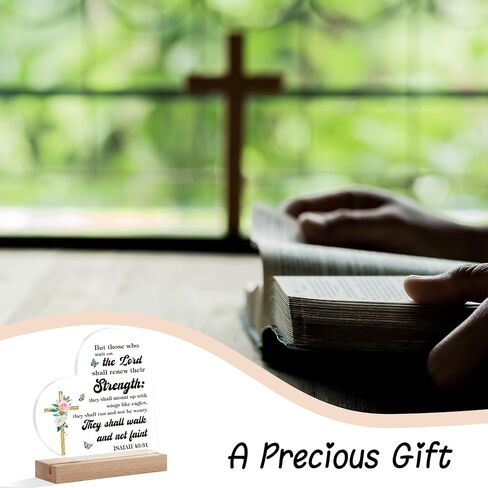 Christian Gift Christian Bible Verses Decor Positive Quotes Inspirational Gift Scripture Heart Shaped Acrylic Plaque With Wooden Base Renew Their Strength, Religious Gift for Girl Mom Sister Friends in Saudi Arabia