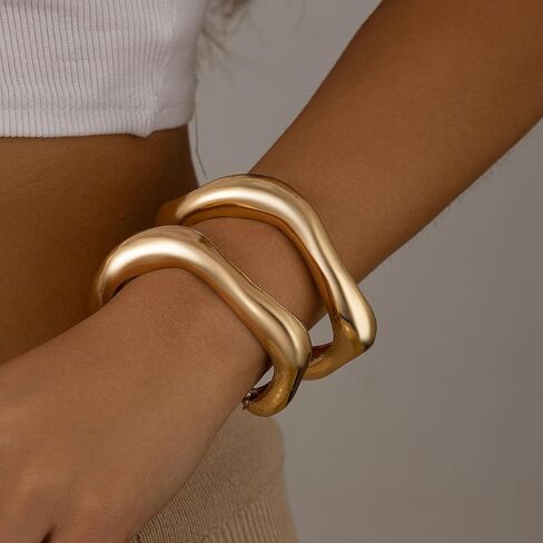 2PC Gold Cuff Bracelets Set For Women Adjustable Open Stack Arm Cuff Upper 18K Gold Plated Bangle Hammered Textured Trendy Irregular Statement Chunky Bracelets Fashion Cute Jewelry in Kuwait