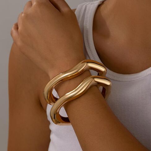 2PC Gold Cuff Bracelets Set For Women Adjustable Open Stack Arm Cuff Upper 18K Gold Plated Bangle Hammered Textured Trendy Irregular Statement Chunky Bracelets Fashion Cute Jewelry in Kuwait
