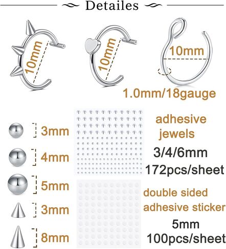 Longita Fake Lip Ring Fake Lip Piercing Fake Piercings Ball Spike Fake Nose Ring Hoop Fake Face Piercing Fake Nose Stud Stick on Fake Bridge Eyebrow Piercing Fake Eyebrow Ring Silver Gold Black in Saudi Arabia