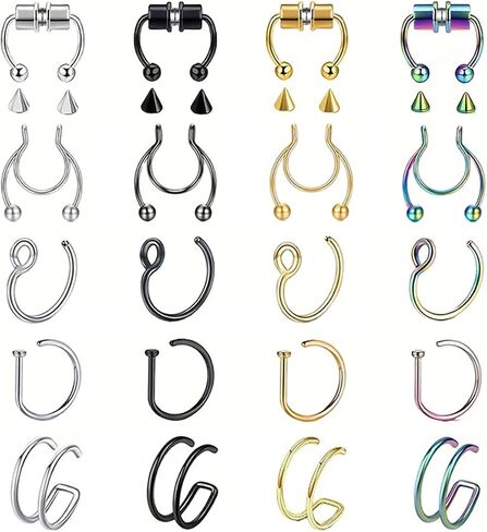 20Pcs Women Men Fake Piering Nose Ring Fashion Punk Faux Non Piercing Nose Clip Stainless Steel Perforation Nasal Septum Body Jewelry in Saudi Arabia