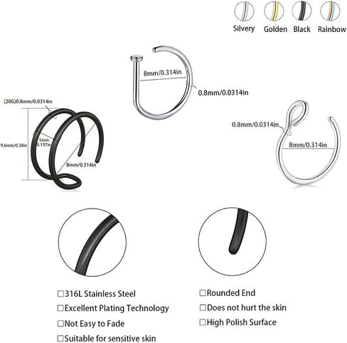 20Pcs Women Men Fake Piering Nose Ring Fashion Punk Faux Non Piercing Nose Clip Stainless Steel Perforation Nasal Septum Body Jewelry in Saudi Arabia