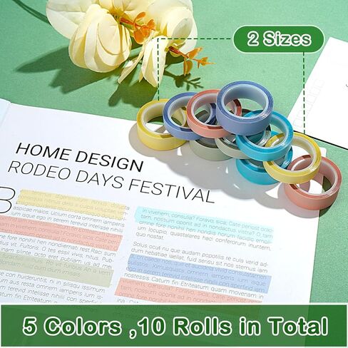 10 لفات من شريط التحديد، أشرطة ملونة شفافة، علامات لاصقة قابلة للإزالة للكتب التوضيحية، مقاسان in Kuwait