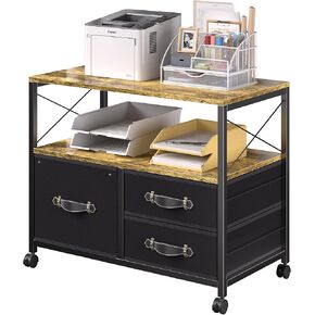 VECELO 3 Drawer Rolling Printer Stand Mobile Open Storage Shelf, Fabric Lateral Filing-Cabinet fits Hanging Letter Size for Home Office, Black