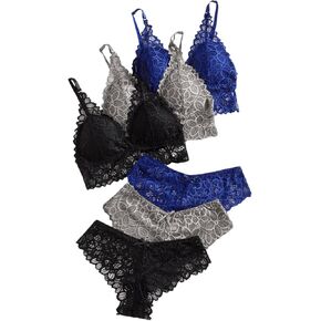 Verdusa Women's 6 Piece Bow Floral Lace Lingerie Wireless Padded Bra and Panty Set