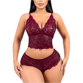 SOLY HUX Women's Lingerie Sets 2 Piece Lace Sheer Deep V Neck Bra and Panty Set Sexy Babydoll Underwear