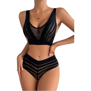 SOLY HUX Women's Contrast Mesh Lingerie Set Wireless Bra and Panties Underwear Sets