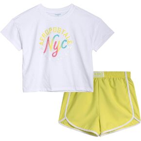 AEROPOSTALE Girls' Shorts Set - 2 Piece Jersey Graphic Tee and Poly Woven Dolphin Shorts - Summer Outfit for Girls (4-12)