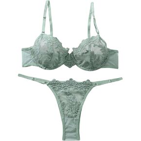 SHENHE Women's 2 Piece Floral Embroidery Mesh Underwire Bra and Thong Panty Lingerie Set
