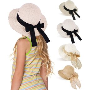 Girls Straw Sun Hat with Bowknot, Boho Summer Beach Hat, Wide Brim Floppy Hat, Outdoor Sun Protection Hat for Kids Ages 3-6